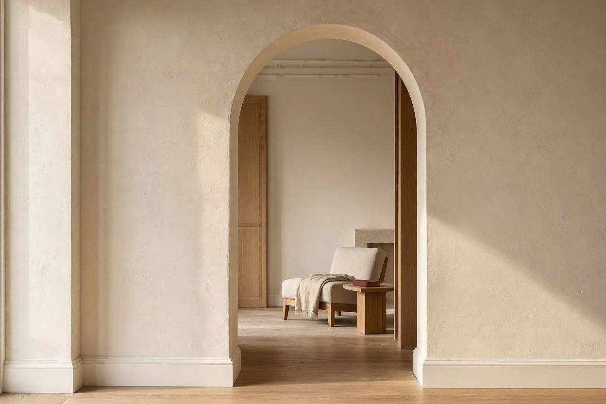 Arched doorway in lime plaster, morning light