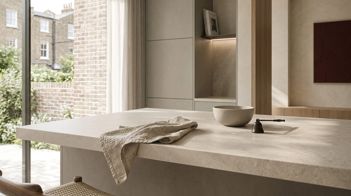 Stone counter with linen cloth in warm light