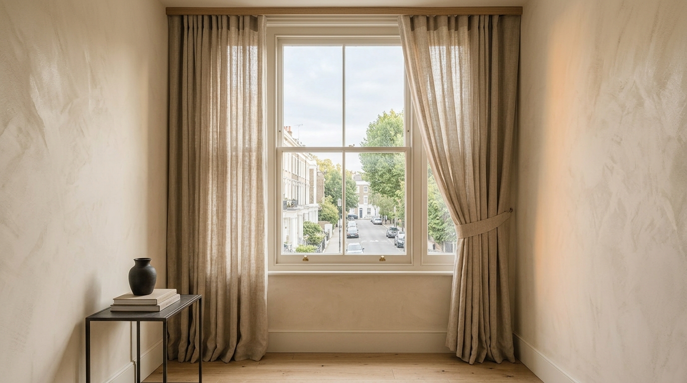 Sash window with linen curtains